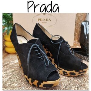 Prada Leopard Peep Toe Wedge Heel Authentic NIB